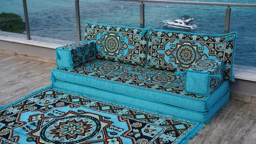 Vista 3 de Turquoise Arabic Living Room, Moroccan Home Decor, Floor Cushion, Arabic Floor Couch, Turkish Floor Sofa, Ethnic Sofa, Arabic Sofa Seating