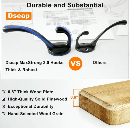 Vista 2 de Dseap Perchero de Pared: Moderno, Patentado, Resistente, 17.4" de Largo, Riel Colgador de Madera con 5 Ganchos Dobles para Abrigos de Invierno, Negro