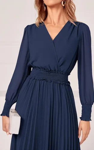 Vista 3 de PRETTYGARDEN Vestidos cruzados con cuello en V para mujer, para invitados de boda, casual, plisado, manga larga, vestido largo fruncido con volantes