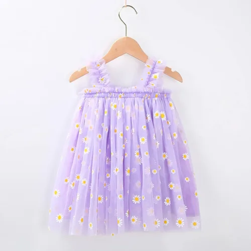 Vista 2 de Vestidos casuales de cumpleaños para niñas, vestidos de fiesta floral, margarita, sin mangas, 1-6 años, tul para playa (morado, 5-6 años)