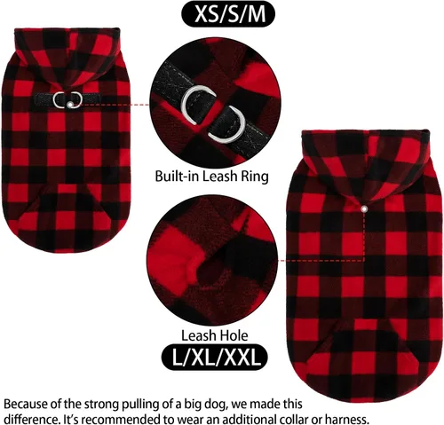 Vista 4 de EXPAWLORER - Sudadera de forro polar con capucha para perros, chaleco de suéter a cuadros para mascotas, ropa de otoño e invierno con anillo