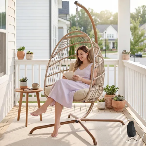 Vista 12 de NICESOUL Cómoda y cómoda silla de mimbre para exteriores con soporte, sillas plegables para patio con cojín, hamaca resistente de 350 libras