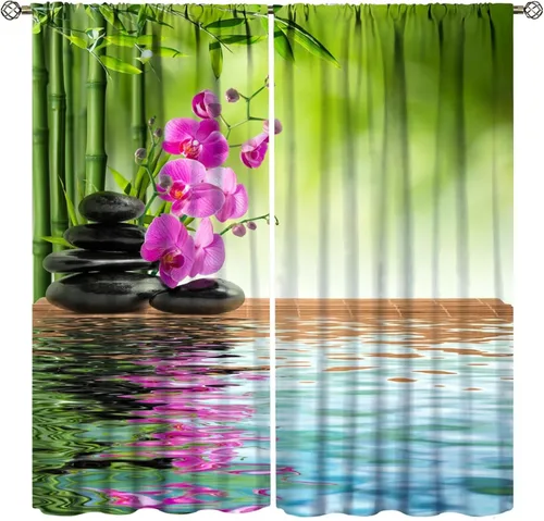 Vista 10 de Cortinas con estampado de bambú verde natural, plantas asiáticas, japonesas, tallos rústicos, hojas, cortina de selva con bolsillo para cortinero