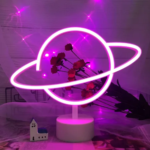 Vista 8 de ENUOLI Letreros de luz de neón de planeta rosa, luces de noche LED con pedestal, decoración de habitación, batería/operación USB, letreros de neón