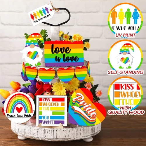 Vista 4 de FairySandy 12 piezas de decoración de bandeja escalonada del orgullo arco iris, decoración de mesa de gnomo, corazón, amor es amor, letrero