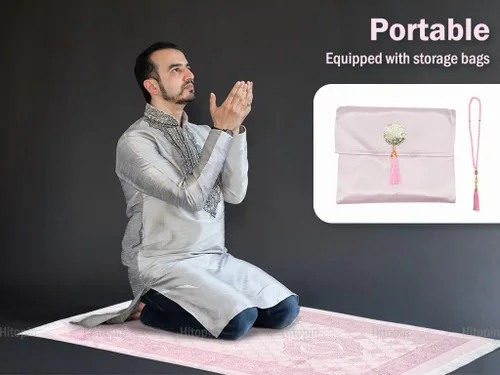 Vista 4 de Alfombra de oración musulmana y cuentas con elegante bolsa de tela flameada, alfombra de oración islámica, alfombra de oración musulmana, manta