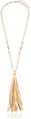 Vista 4 de RIAH FASHION Collar largo con colgante de borla bohemia, flecos de cuero de gamuza sintética, dije de encaje, piedra natural de cristal brillante