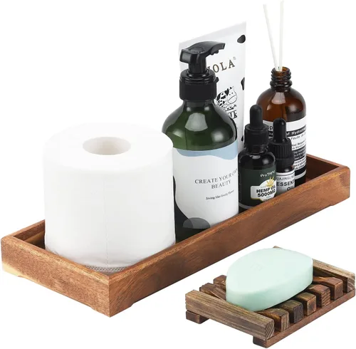Vista 8 de Bandeja de tocador de madera con bandeja de jabón, organizador superior de inodoro, ideal para tanque de inodoro de baño