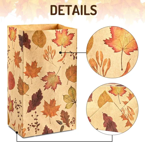Vista 5 de Whaline 48 bolsas planas de otoño para golosinas, papel kraft, calabazas, hojas de arce, girasoles, nueces, bolsa de regalo para regalos de fiesta
