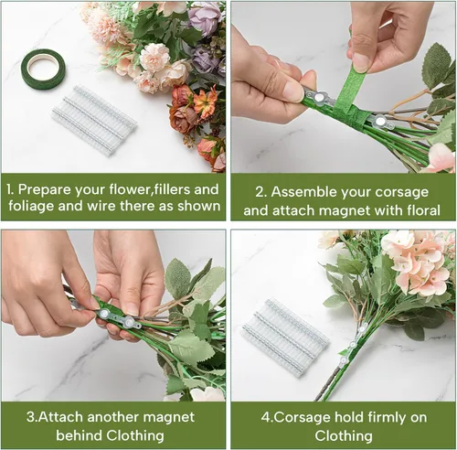 Vista 3 de Waydress 10 pares de imanes florales para boutonniere pequeños, pines de ramillete fijos, imanes para gemelos, broches, flor adhesiva para boda