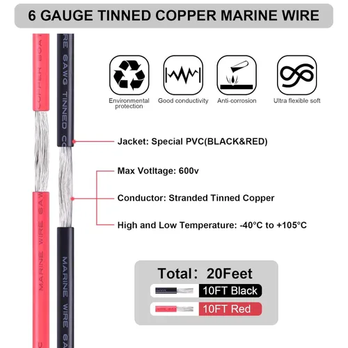 Vista 3 de Cable de calibre 6, iGreely 10 pies negro y 10 pies rojo 6 AWG cable eléctrico de cobre estañado, 2 cables aislados de un solo conductor trenzado