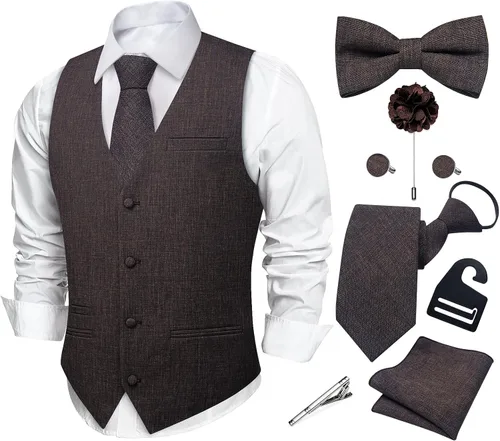 Vista 21 de DiBanGu Conjunto de corbata con cremallera y chaleco de lino para hombre Negro