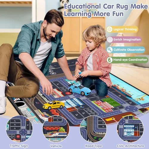 Vista 3 de Car Road - Alfombra de juegos para niños, 5 x 7 pies, alfombra de coche para niños y niños, educativa de tráfico urbano, alfombra de juego lavable