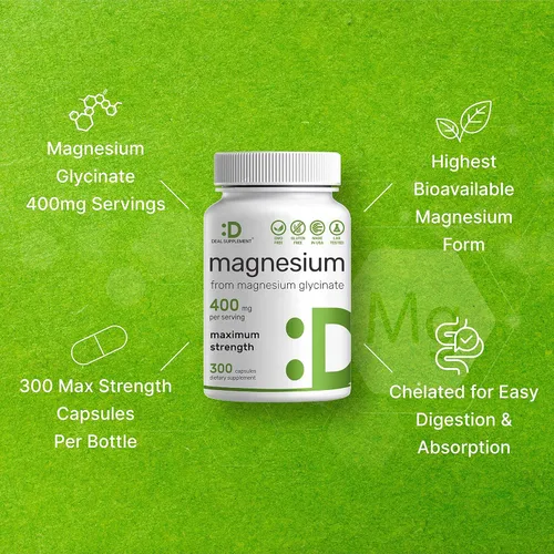 Vista 4 de Glicinato de magnesio 400 mg, 300 cápsulas 100% quelado para una fácil absorción Suplemento mineral esencial para la salud muscular, el sueño