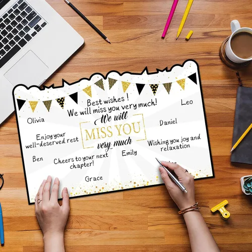 Vista 5 de Tarjeta de felicitación de despedida jumbo de color negro y dorado, grande, con texto en inglés "We Will Miss You", tarjetas para firmar tarjeta