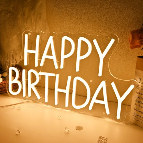 Vista 3 de SYLHOME Letrero de luz LED de neón con texto en inglés «Happy Birthday» para fiesta de cumpleaños, dormitorio, decoración de pared, pancarta, bar