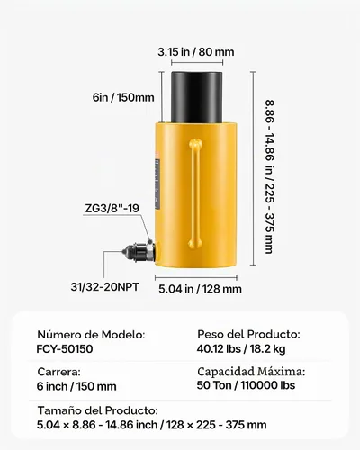Vista 7 de VEVOR - Cilindro hidráulico de 50T de 6 pulgadas, cilindro hidráulico sólido de acción simple, cilindros de elevación hidráulica de 5.906 in
