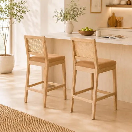 Vista 19 de Juego de 2 taburetes de bar de altura de mostrador, sillas de isla de cocina con respaldo de caña beige, taburetes de bar de ratán con respaldo