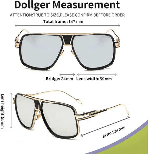 Vista 4 de Dollger Gafas de sol para hombre, de gran tamaño, clásicas, negras, gafas de sol retro con marco de aleación dorada