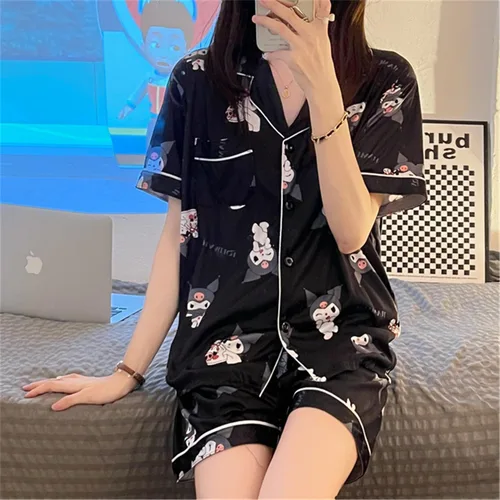 Vista 3 de Pijama Kawaii de dibujos animados para mujeres y niñas, ropa de dormir, camisa de manga corta con pantalones cortos, conjuntos de pijama de 2 piezas