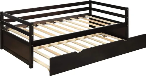 Vista 7 de P PURLOVE Sofá cama de tamaño individual con marco de cama nido, sofá cama de madera para sala de estar, habitación de invitados, dormitorio