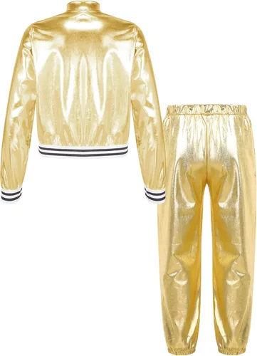 Vista 2 de Disfraz de baile de jazz hip hop para niños y niñas, chaqueta de cuero brillante, sudadera con pantalones deportivos