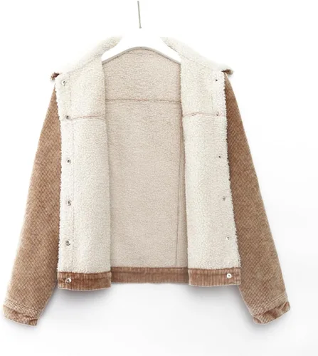 Vista 7 de Chaqueta corta de pana desgastada con forro de sherpa con botones y cuello de piel de vellón para mujer