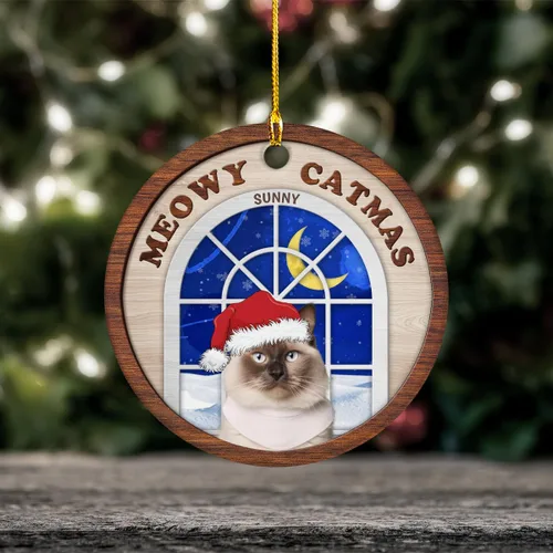Vista 4 de Meowy Catmas - Divertido sombrero de Papá Noel con foto de gato, adorno de Navidad personalizado, regalos para gato, mamá, papá, lindo árbol