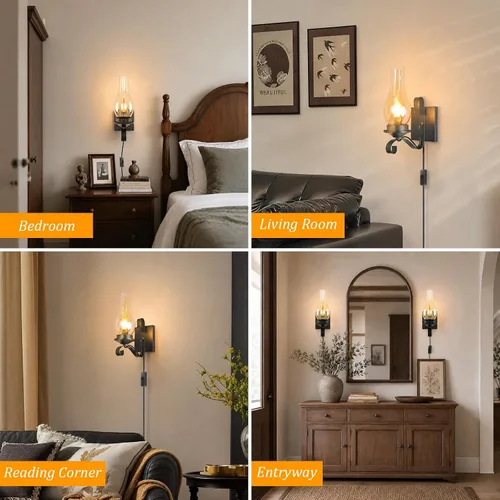 Vista 8 de Black Plug in Wall Sconce 1-Pack, UL Listed Rustic Farmhouse Lamp, E12 Base