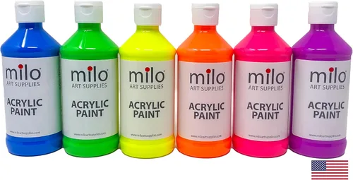 Vista 16 de milo Juego de 6 pinturas acrílicas fluorescentes Botellas de 4 onzas Paquete de pintura acrílica de colores neón para estudiantes Hecho