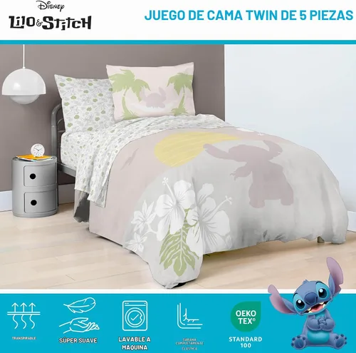 Vista 4 de Jay Franco Disney Lilo and Stitch - Juego de edredón tamaño Twin, ropa de cama de 5 piezas, incluye juego de sábanas y fundas de almohada, ropa