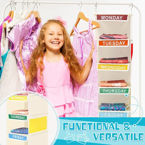 Vista 5 de Amylove Organizador semanal de ropa para niños, 2 piezas, con 7 estantes, organizador colgante de armario de 11.8 x 11.8 x 50 pulgadas, actividades