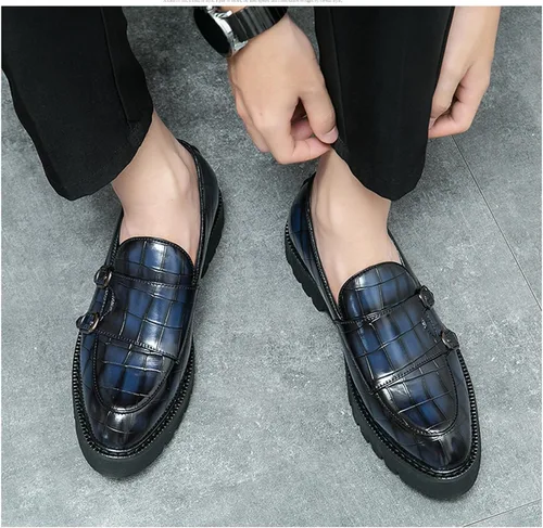 Vista 8 de Mocasines de plataforma de charol para hombre con doble hebilla, mocasines clásicos antideslizantes para conducir, mocasines casuales de moda