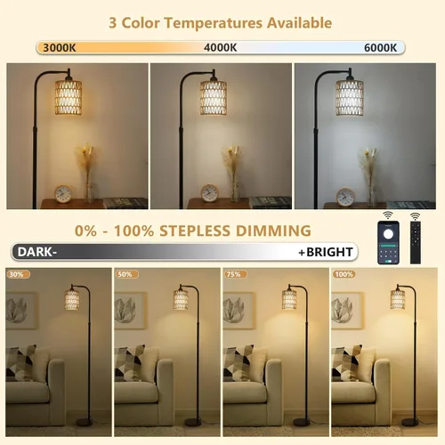 Vista 10 de LAMSU Lámpara de pie con control remoto, lámpara de pie de ratán regulable con bombilla LED, lámpara de poste alto industrial negra con pantallas