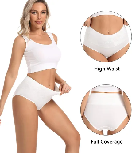 Vista 2 de HAVVIS - Ropa interior de cintura alta y de algodón para mujer, que disimula la barriga, jacquard con rosas, paquete múltiple