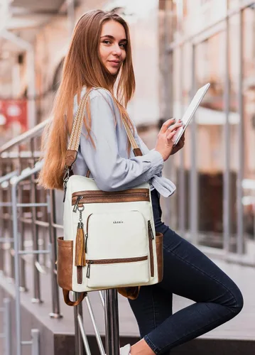 Vista 2 de Shrrie - Mochila vegana de cuero para laptop de 14 pulgadas para mujer, mochila de trabajo, mochila de moda, mochila de viaje, bolso para negocios