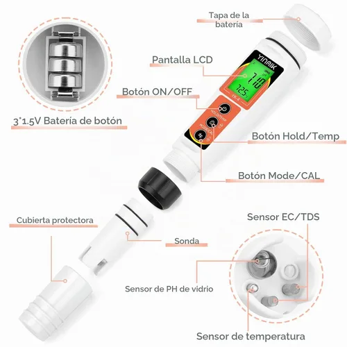 Vista 6 de Yinmik Medidor de pH, medidor digital 4 en 1 de pH EC TDS Temp para agua hidropónica, probador de agua impermeable DWC de pH y EC PPM con Probador