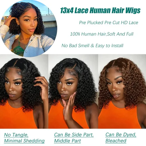 Vista 3 de Curly Bob Wig Human Hair 13x4 Hd Lace Front Wigs Human Hair Pre Plucked 10" Lace Frontal Bob Wig, 180 Dentisty, Kinky Curly, Natural Hairline with