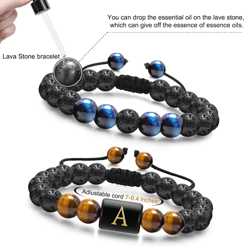 Vista 5 de M MOOHAM Bracelets for Mens Christmas Gifts - 8mm Natural Stone Initial Bracelet for Men Lava Rock Tiger Eye Bracelets Unique Anniversary Christmas