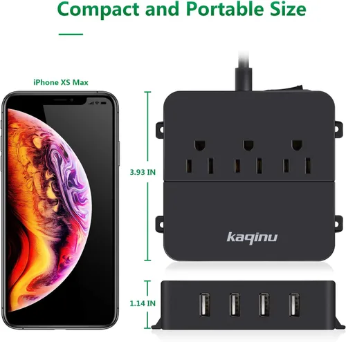 Vista 5 de Regleta de alimentación con USB - Regleta de alimentación de pared con 4 puertos USB y 3 tomas de corriente con interruptor de encendido/apagado