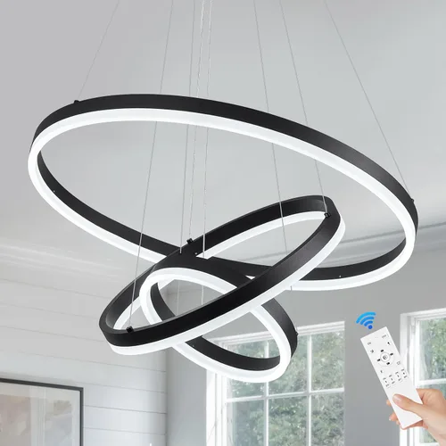 Vista 11 de Benkut Lámpara colgante LED moderna D24 pulgadas, color negro dorado, lámpara LED circular regulable, 1 anillo con control remoto, luz colgante