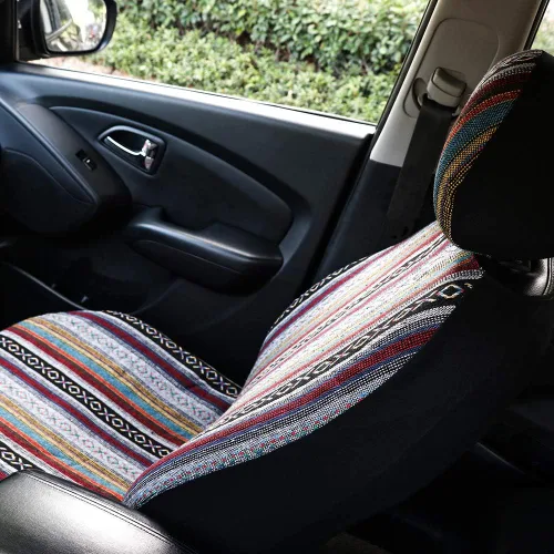 Vista 7 de Funda de Asiento de Coche Manta Baja Saddle 4PCS Delantera a Rayas Multicolor, Funda de Asiento Hippie Boho de Ajuste Universal para Toyota, Honda