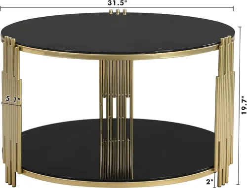 Vista 2 de Mesa de centro de vidrio templado de 31.5 pulgadas, moderna mesa de té dorada de 2 niveles con estante inferior, mesas centrales de lujo con marco