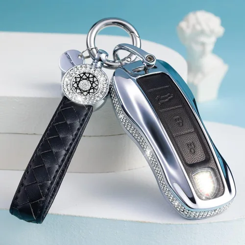 Vista 5 de Porsche Key Fob Cover, Leather Crystal Case for Porsche 911 Cayenne Taycan Panamera Remote Key