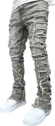 Vista 2 de Jeans apilados de ajuste regular para hombre, rasgados, ajustados, desgastados, rectos, ropa de calle