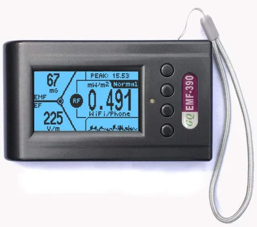 Vista 2 de Medidor EMF, avanzado GQ EMF-390, medidor de radiación electromagnética multicampo 3 en 1, medidor EMF ELF RF, medidor inteligente de torre celular