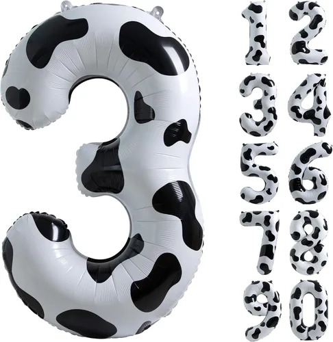 Vista 7 de Suministros de decoración de cumpleaños de globos con estampado de vaca, globo número 0 de 40 pulgadas, decoraciones de fiesta de cumpleaños