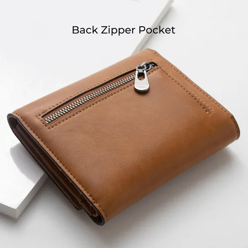 Vista 3 de Alldaily Billetera pequeña con bloqueo RFID de triple pliegue, billetera delgada para tarjetas de crédito con bolsillo con cremallera (marrón)