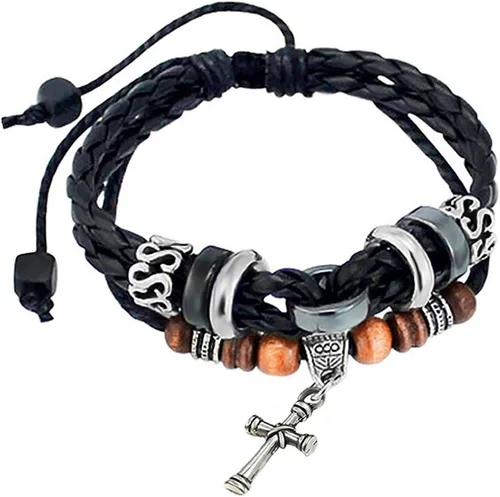 Vista 8 de Suyi brazalete ajustable con varias capas, de cuero tejido trenzado con cruz. Pulsera tipo esclava.