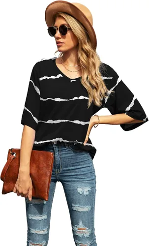 Vista 3 de SUEANI - Camiseta de cuello en V para mujer, diseño holgado con manga 34 acampanada